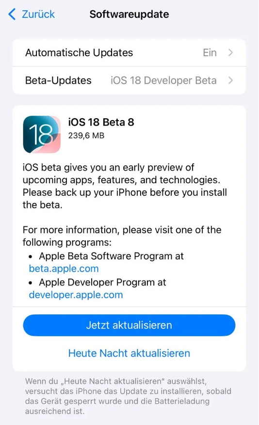 巴青苹果手机维修分享苹果 iOS / iPadOS 18 开发者预览版 Beta 8 发布 